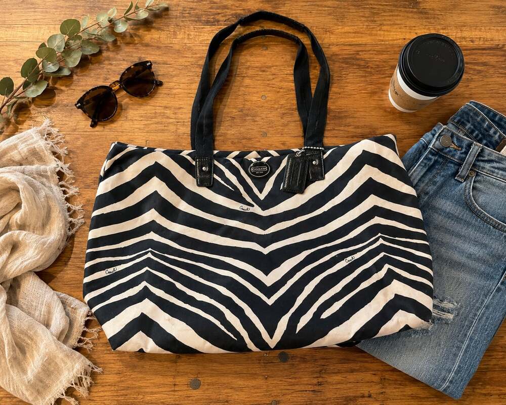 Coach Zebra Print Nylon Tote Bag with two interior bags (g28)